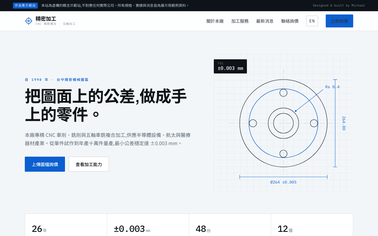 精密加工廠官網首頁，畫面包含導覽列、技術製圖與加工規格表